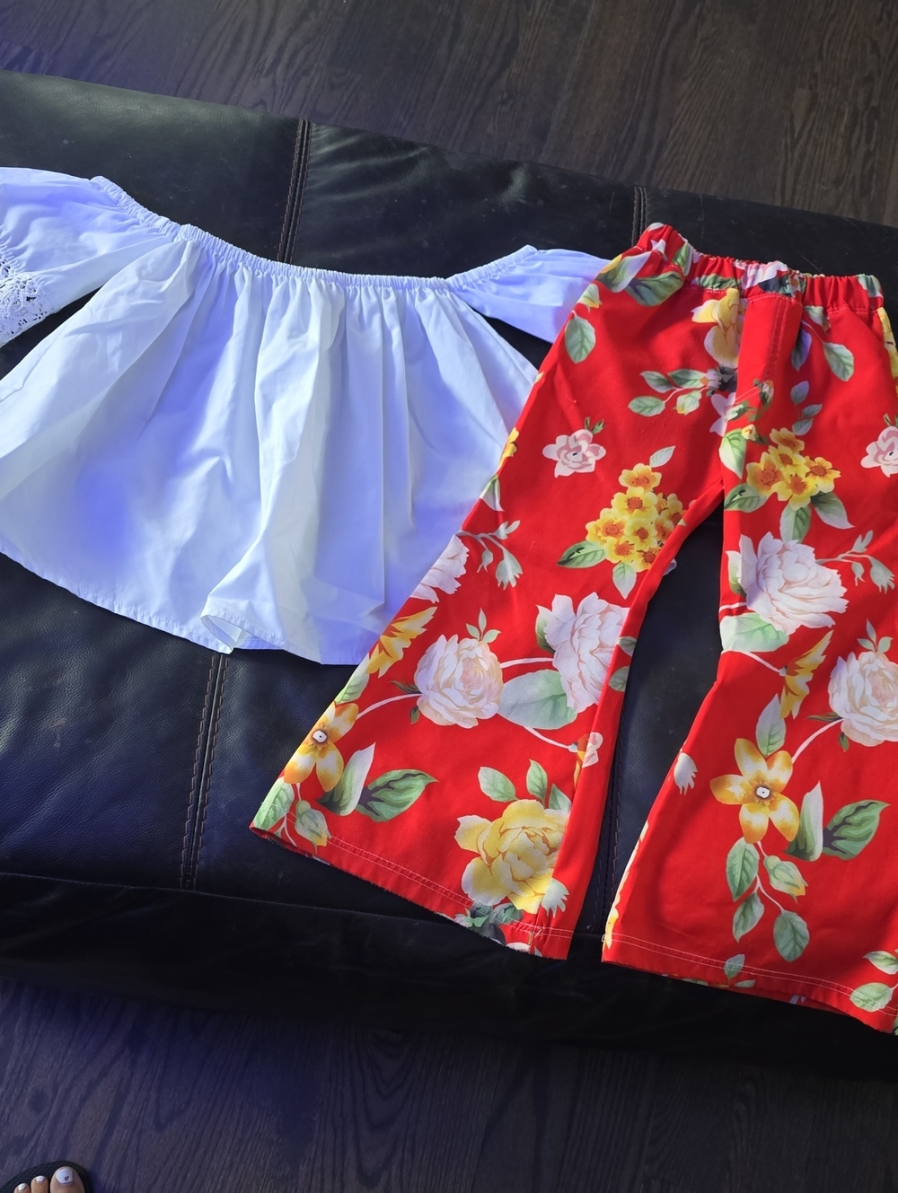 Kids Two-Piece Pajama Set - White Off-Shoulder Top & Red Floral Pants